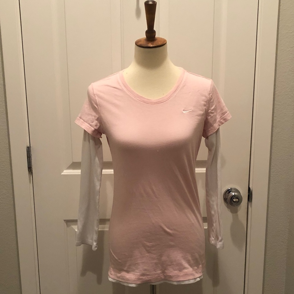 Nike Women's Soft Pink Tee Shirt with White Thermal Long Sleeves Shirt Top